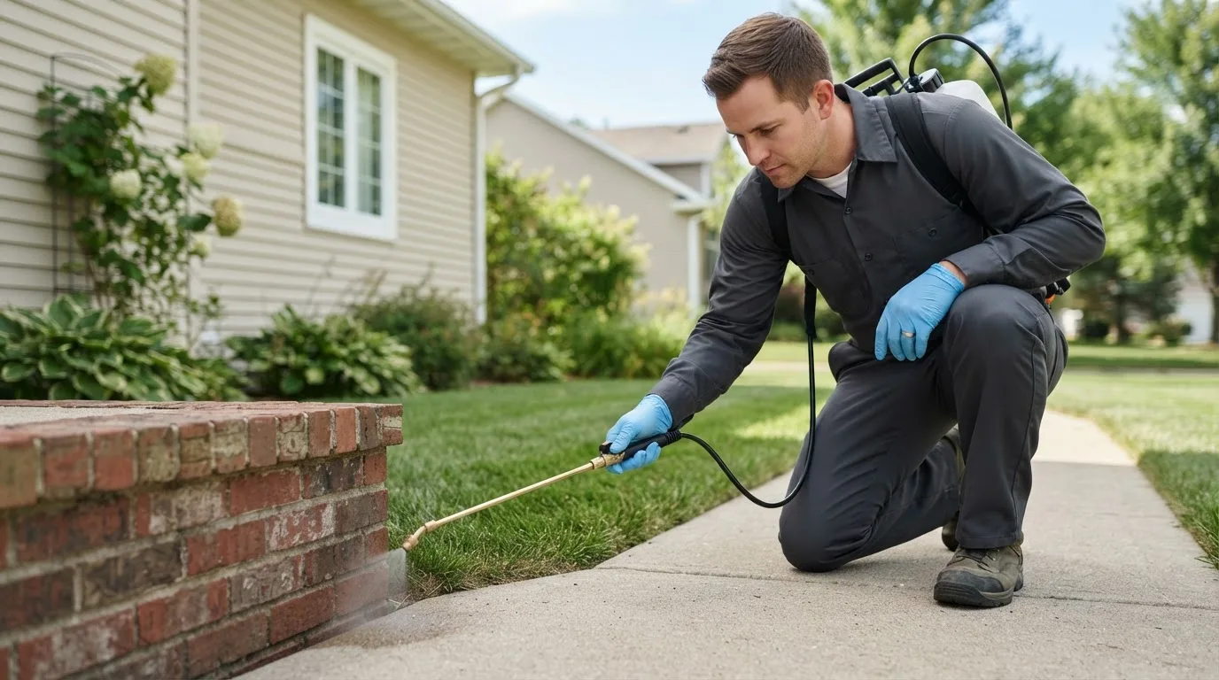Pest control technician treating a home near Oakland, OR